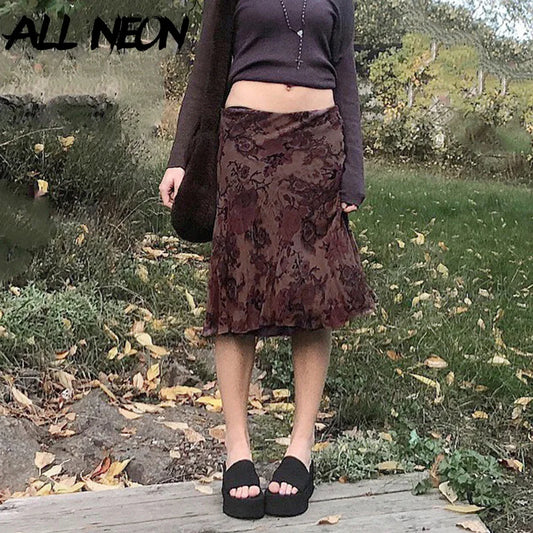 ALLNeon Fairy Grunge Aesthetics Brown Mesh Midi Skirts Y2K Streetwear Low Waist Printing A-line Skirt Elfcore Outfits Retro Fall